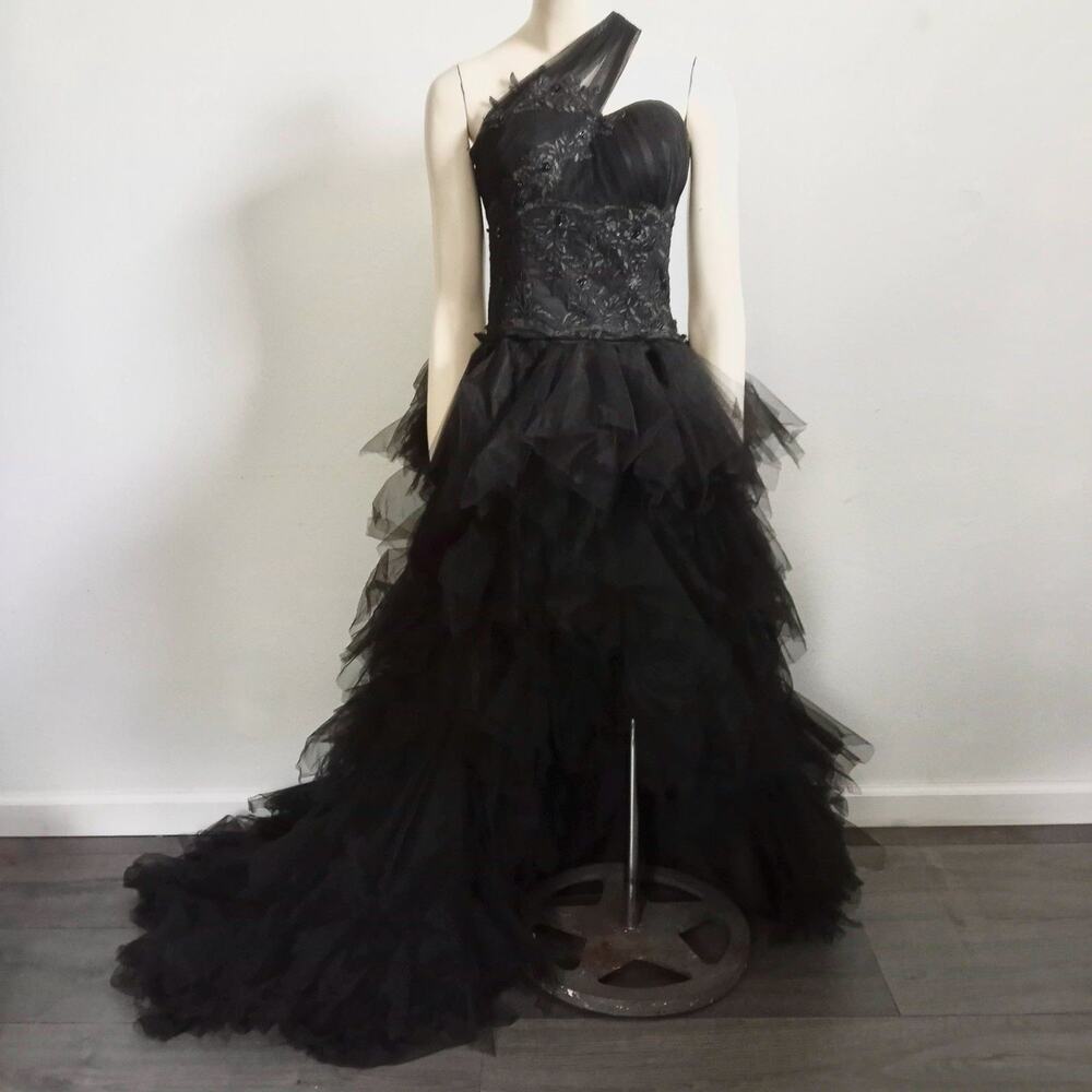 JJs House Black Formal Gown Hi Low M 8 Embellished Ruffle Pageant Prom Dress